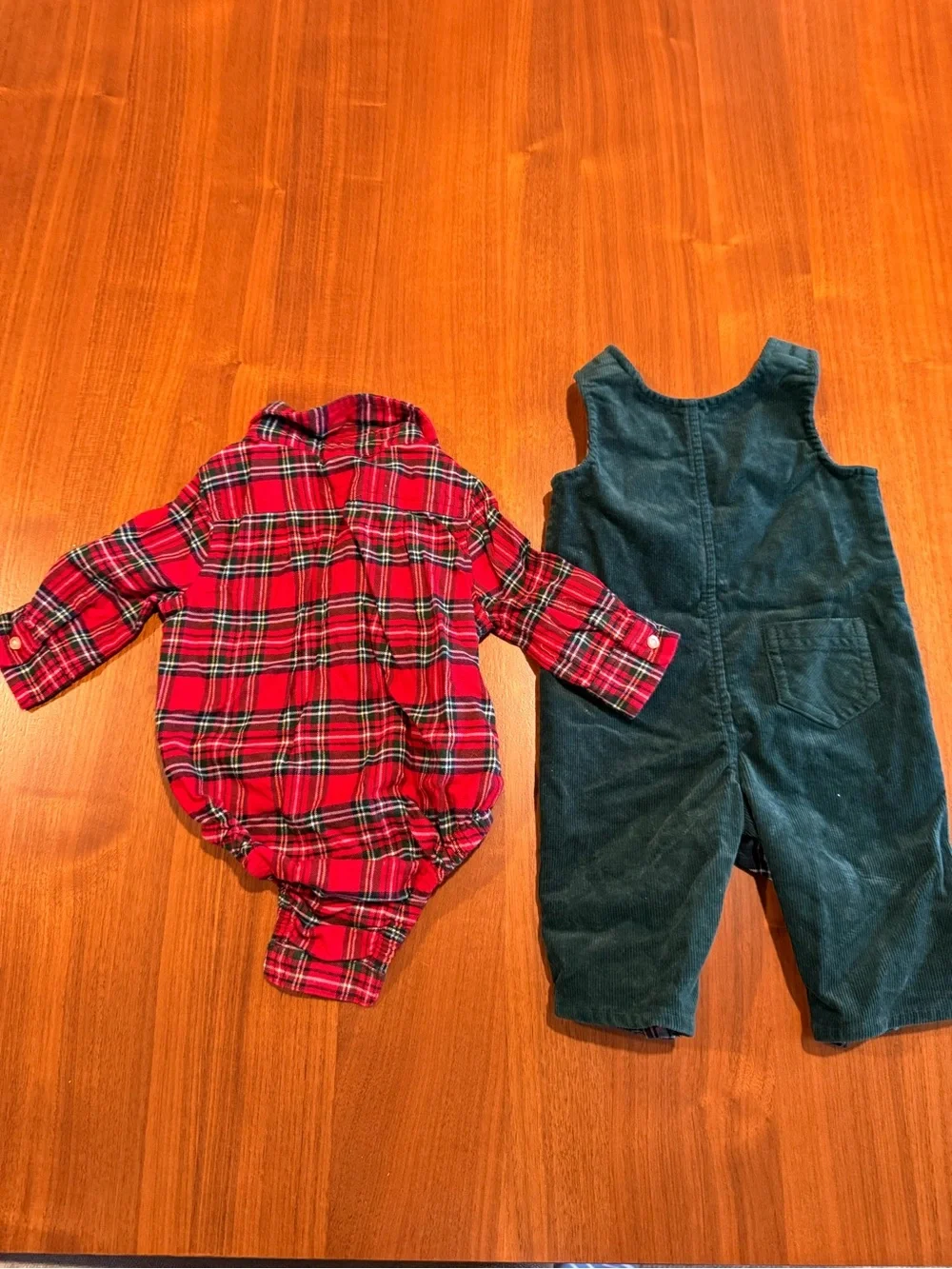 Red Plaid Baby Button-Front Bodysuit & Dark Green Corduroy Whale Overalls Set